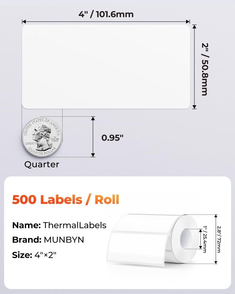 MUNBYN 4” X 2” Direct Thermal Labels, Thermal Printer Stickers, Strong Adhesive & Perforated Labels Paper for Barcode, Mailing, 500 Sheets/1 Roll - Image 2